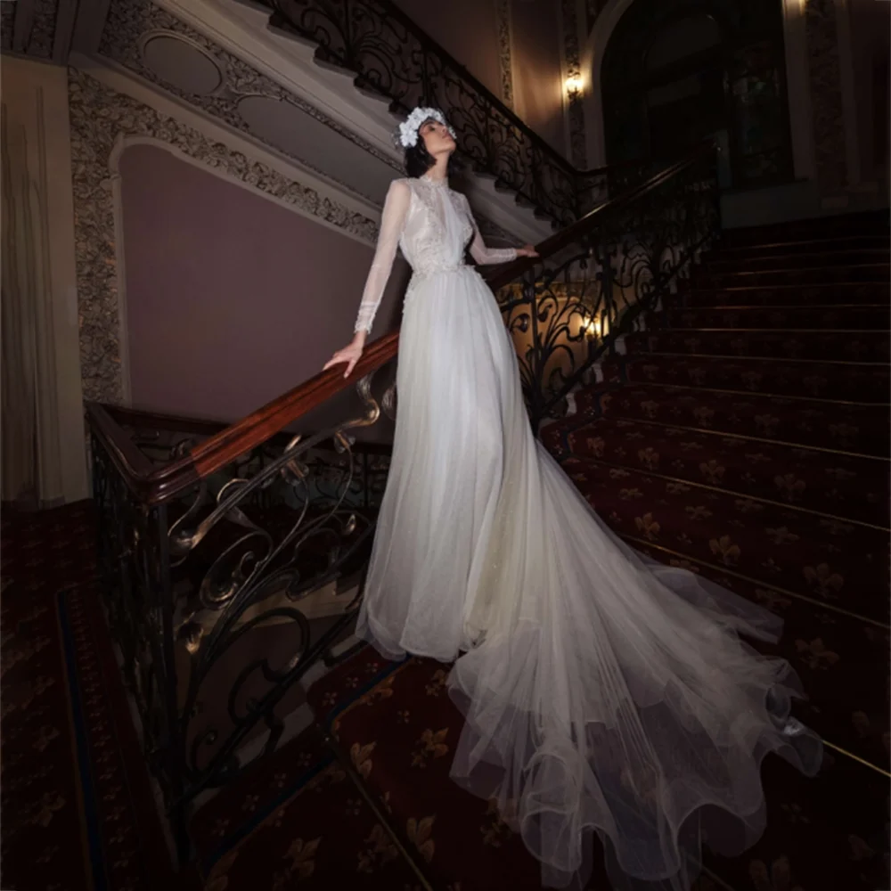 

UETEEY Elegant Wedding Dress O-Neck Long Sleeves Lace Bridal Gown 2022 Backless Civil Bridal Gown Vestido De Noiva