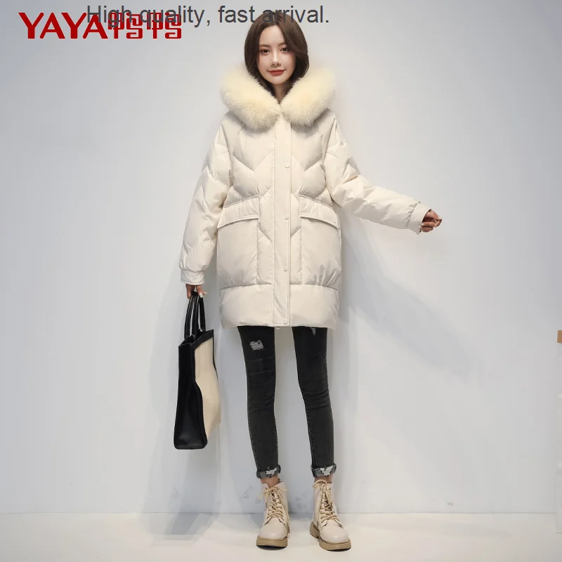 

Новинка, женский пуховик средней длины с большим воротником из лисьего меха, утепленное пальто на белом утином пуху, модное внесезонное пальто