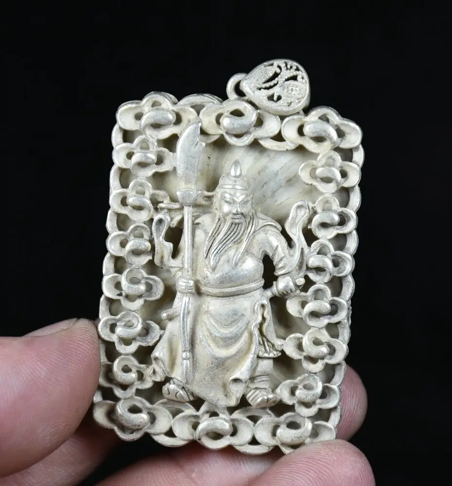

6 см Редкий Старый китайский серебряный кулон фэн-шуй Гуань Гонг Yu Luck ожерелье