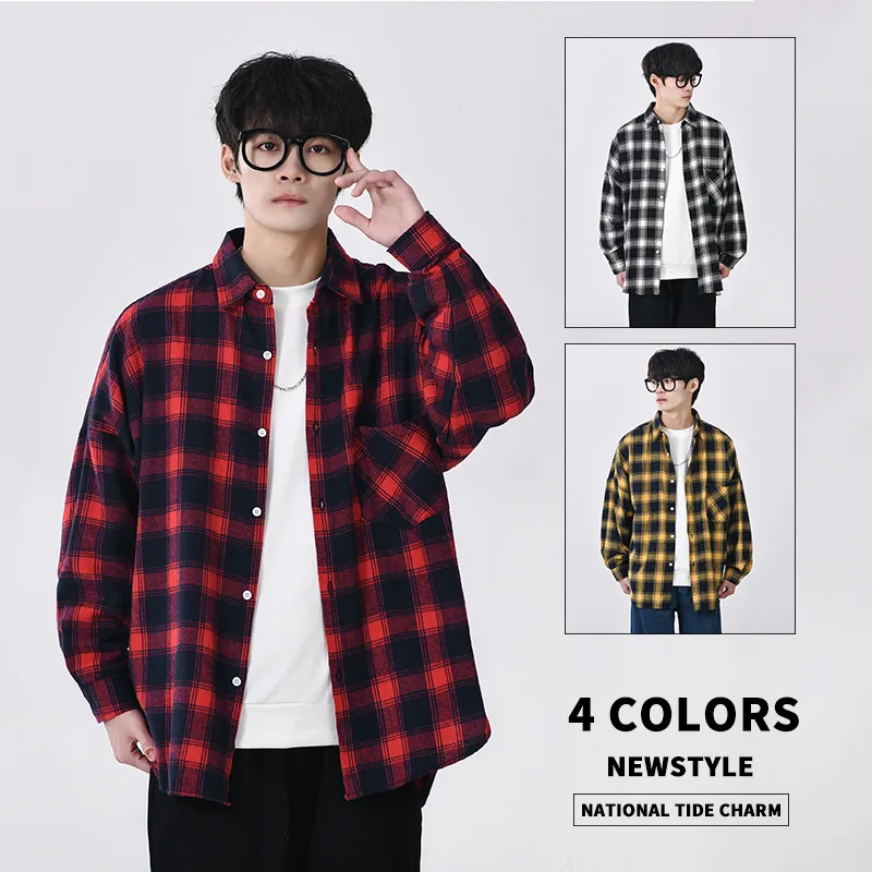 

Рубашка мужская хлопковая в клетку, Свитер оверсайз в стиле хип-хоп, с длинными рукавами, на пуговицах, Корейская Повседневная винтажная одежда в стиле Харадзюку, Ulzzang