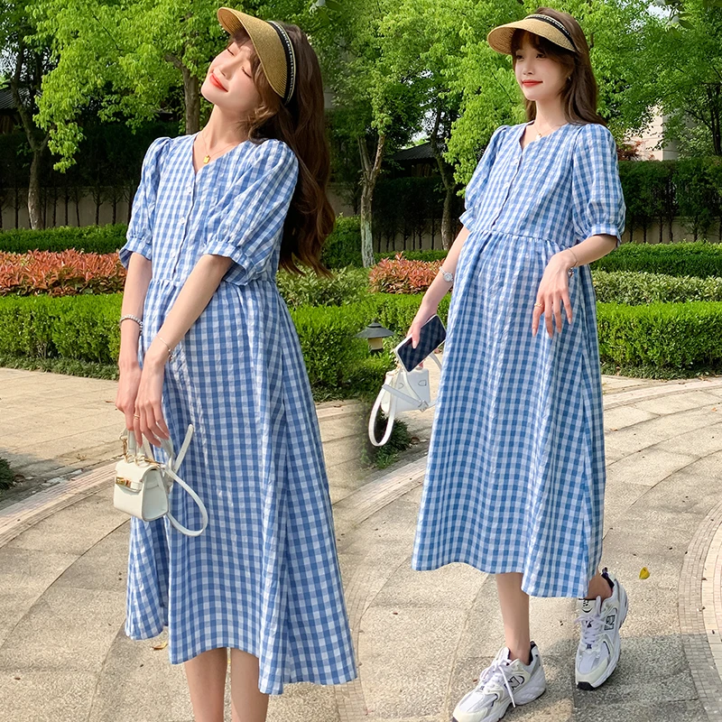 

1960# 2022 Summer Korean Fashion Plaid Maternity Long Dress Elegant V Neck A Line Loose Clothes for Pregnant Women Pregnancy