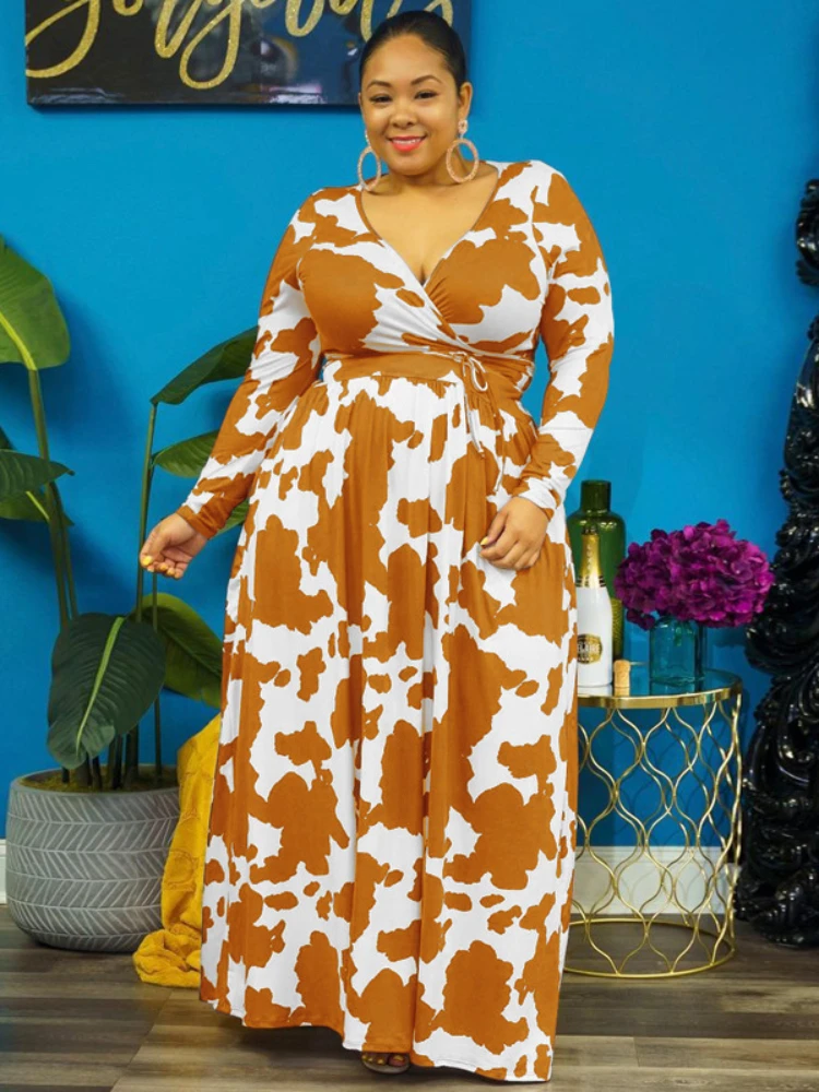 Plus Size 5XL Women Printed Dress Summer Fall Long V Neck Robes Cow Printing Long Sleeve Casual Vestidos Femininos Frete Grátis