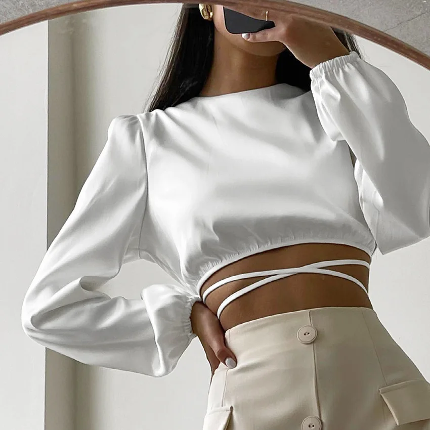 

O Neck Long Sleeve Shirt For Women Slim Lace Up Cropped Tops 2022 Sexy Exposed Navel T-shirts Casual Black White Blouse Female