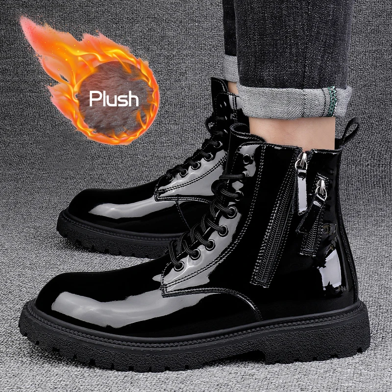 

New Thick-soled Men's Boots Trend Tooling Motorcycle Boots High-top 8-hole Plush Zipper Wear-resistant Genuine Leather Boots
