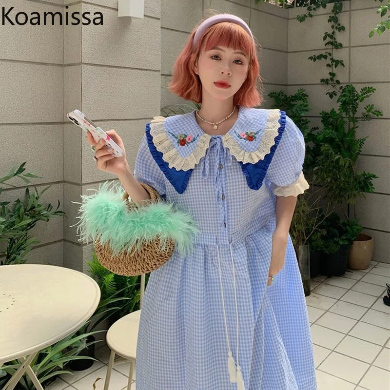 

Koamissa Sweet Women Summer Peter Pan Collar Dresses Embroidery Flower Slim Plaid Dress Korean Chic Straight Vestidos Ropa Mujer
