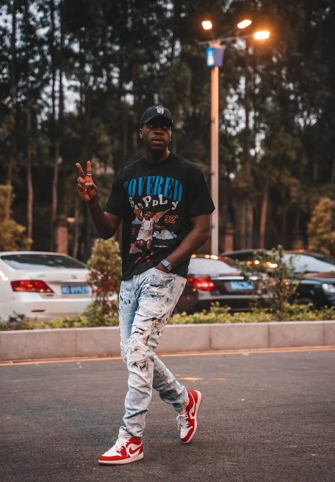 Мужские рваные джинсы AM синие узкие брюки с принтом в виде пламени дырками и