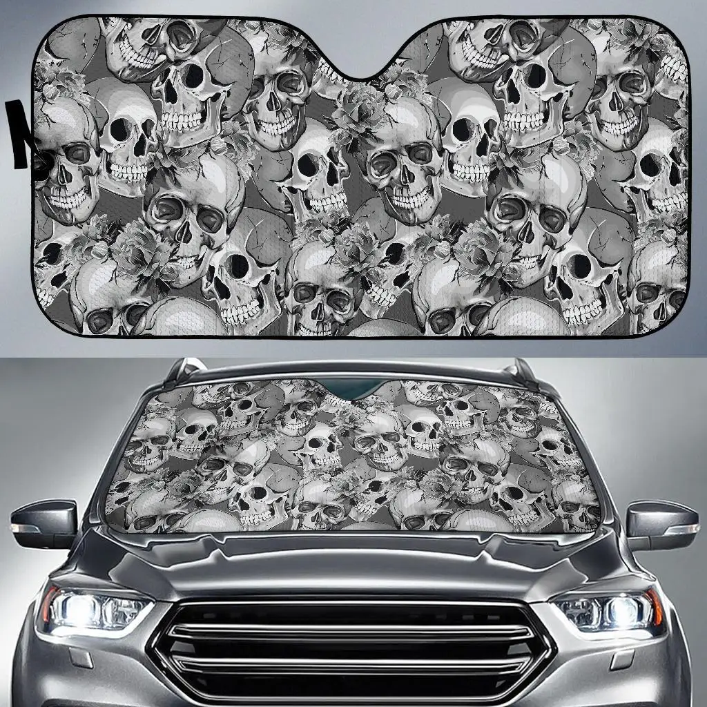 

Monochrome Skull Flowers Pattern Print Car Sun Shade