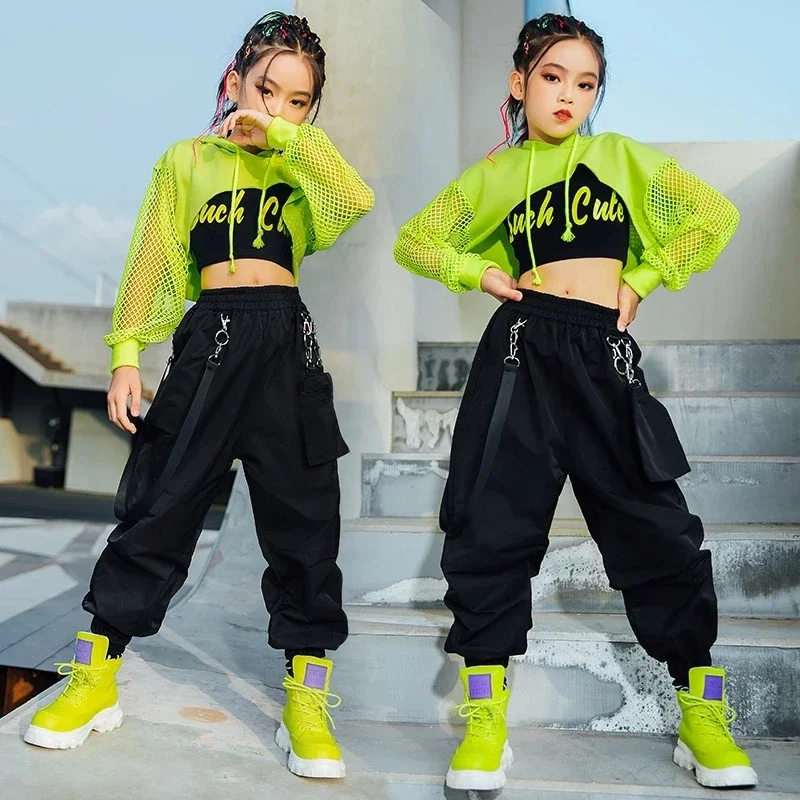 

Костюм Джаз в стиле хип-хоп для девочек, одежда с зелеными топами и сетчатыми рукавами, черные брюки в стиле хип-хоп для детей, танцевальная современная одежда для выступлений