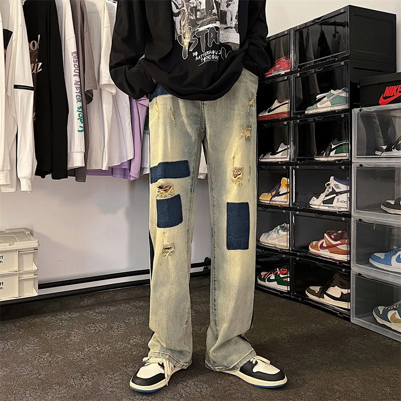 Summer Blue Ripped Baggy Jeans Men Fashion Casual Hole Straight Jeans Men Streetwear Hip Hop Loose Denim Pants Mens Trousers