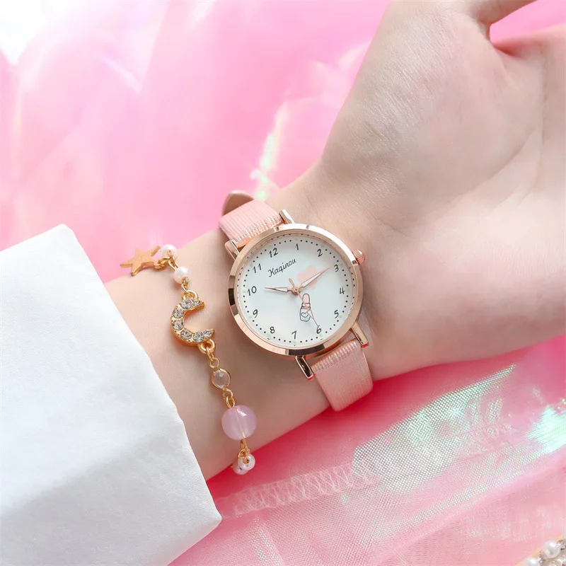 

Macaron Quartz Numbers Dial Watch for Ladies Fashion Stainless Steel Dial Casual Bracelet Watch Leather Wrist Watch for Women