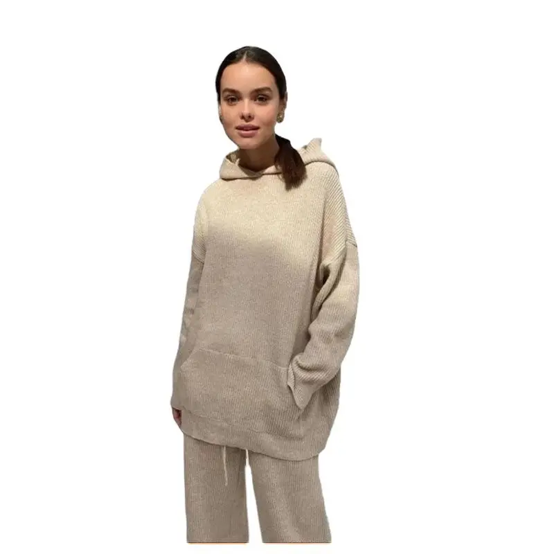 

Новинка, Осенний пуловер с капюшоном из двух частей и брюки с широкими штанинами, вязаная спортивная одежда, повседневная одежда