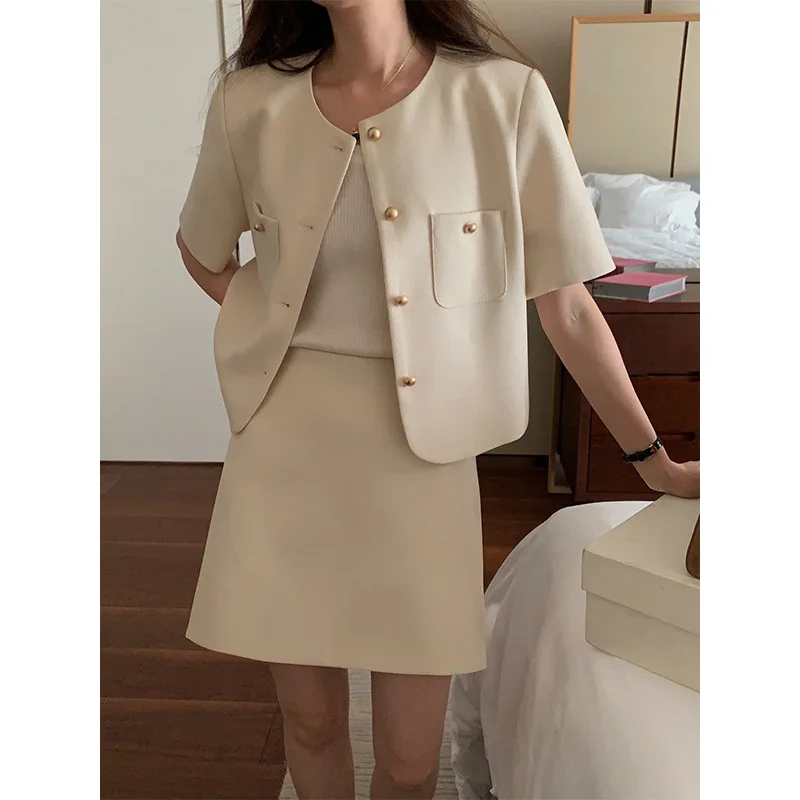 TG Short Sleeve Single breasted Small Fragrant Coat High Waist A-line Short Skirt Two Piece Set for Women 2023 Summer New 19330