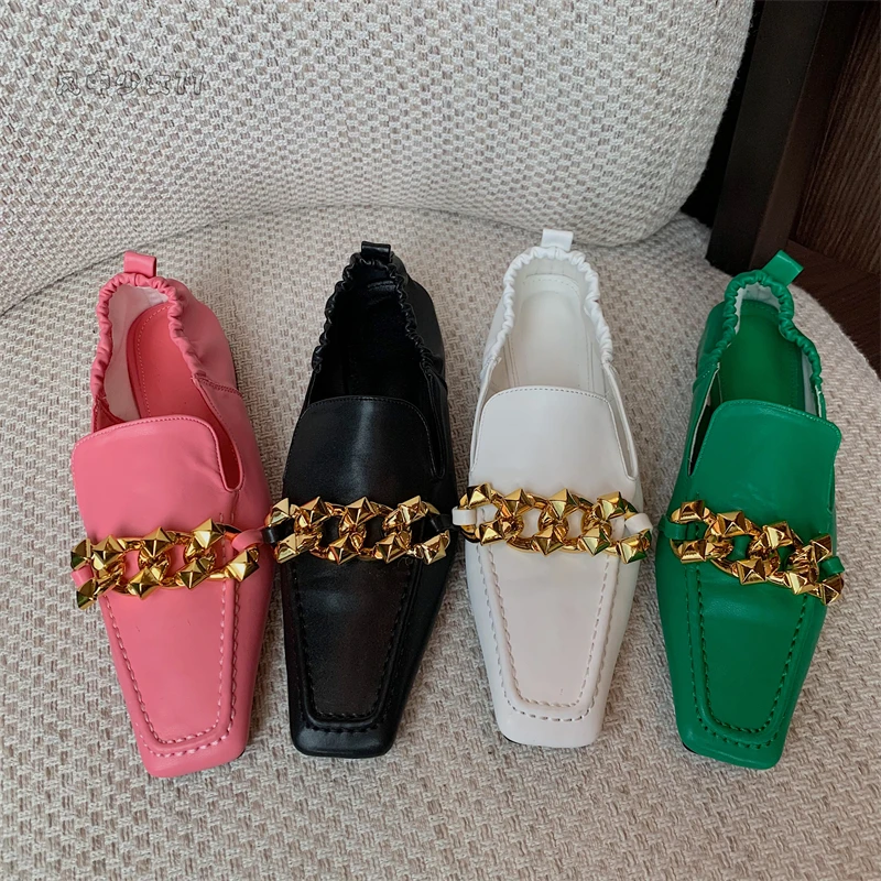 

2022 Spring Chain Flat Shoes Ladies Casual Flats Ballet Female Dress Pink Ballerina Soft Moccasin Square Toe Slip On Loafer