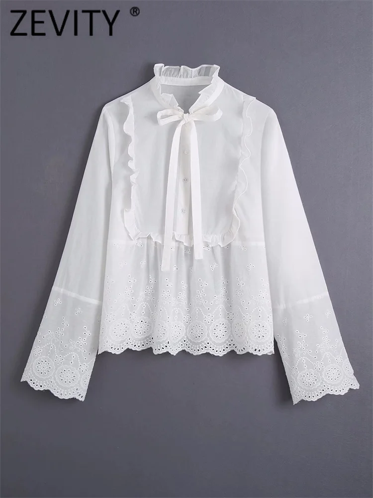 

Zevity 2022 Women Sweet Ruffled Collar Hem Hollow Out Embroidery White Blouse Office Lady Shirt Chic Bow Tied Blusas Tops LS3003