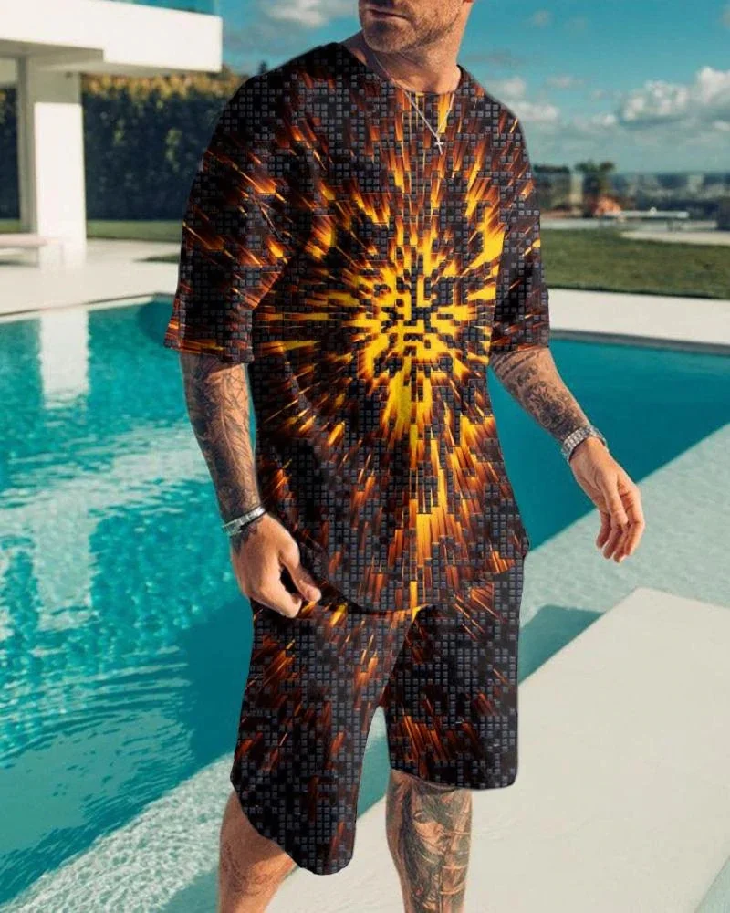 

Men Summer Luxury T Shirt Tracksuit 2 Piece Sets 3D Print Sports Short Sleeve Round Neck Casual Style All-Match Clothing