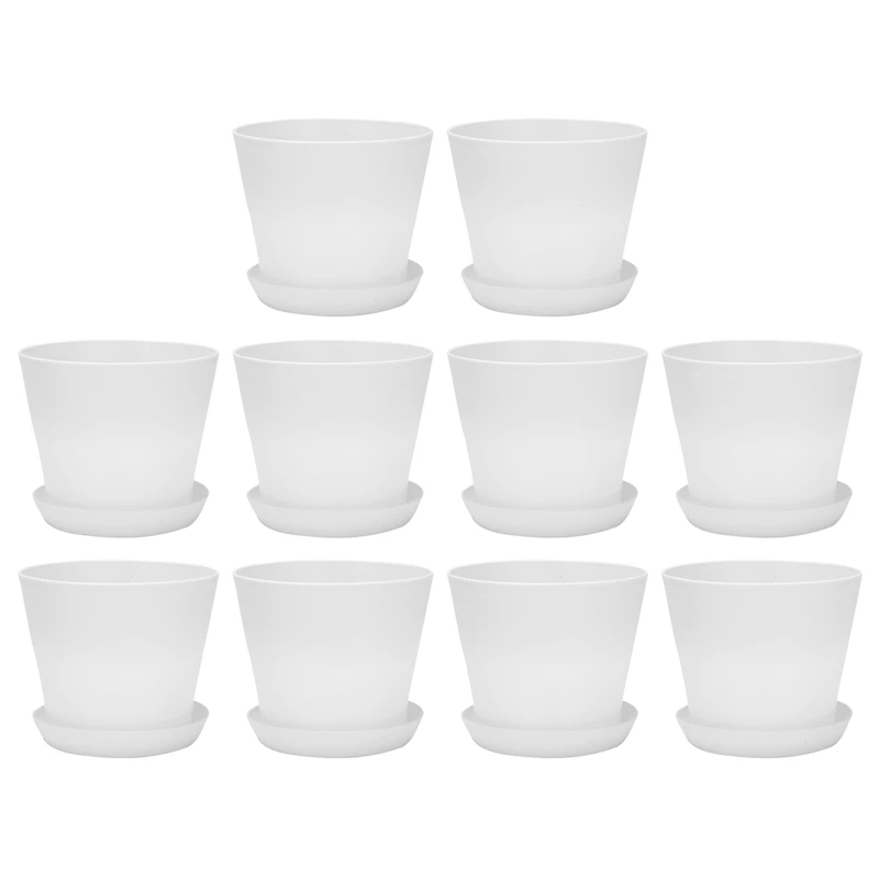 Practical 10X Plastic Plant Flower Pot Planter With Saucer Tray Round Gloss Home Garden Decor, White Upper Caliber,17Cm / 6.69In