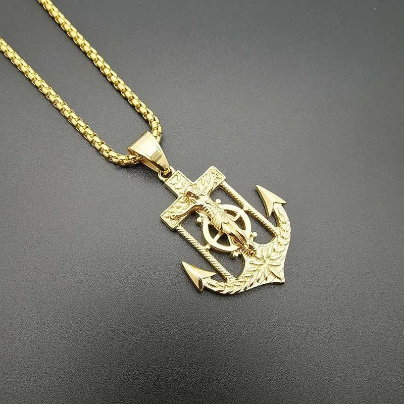 

Cross Jesus Christ Religion Necklace New Men's Fashion Titanium Steel Gold-Plated Anchor Pendant Necklace Hip Hop Jewelry