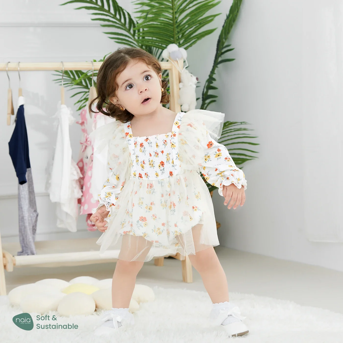 Детский комбинезон с цветочным кружевом длинным рукавом и оборками