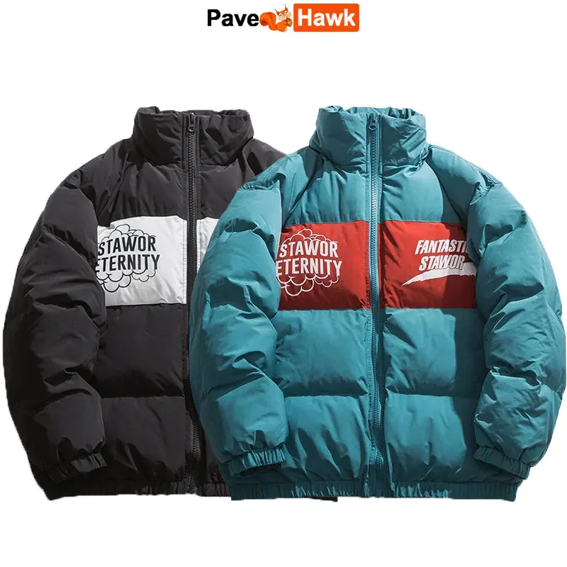 Winter Oversize Parkas Jacket Men Japanese Letter Print Casual Thick Warm College Cotton Jacket Women Loose Color Block Clothing