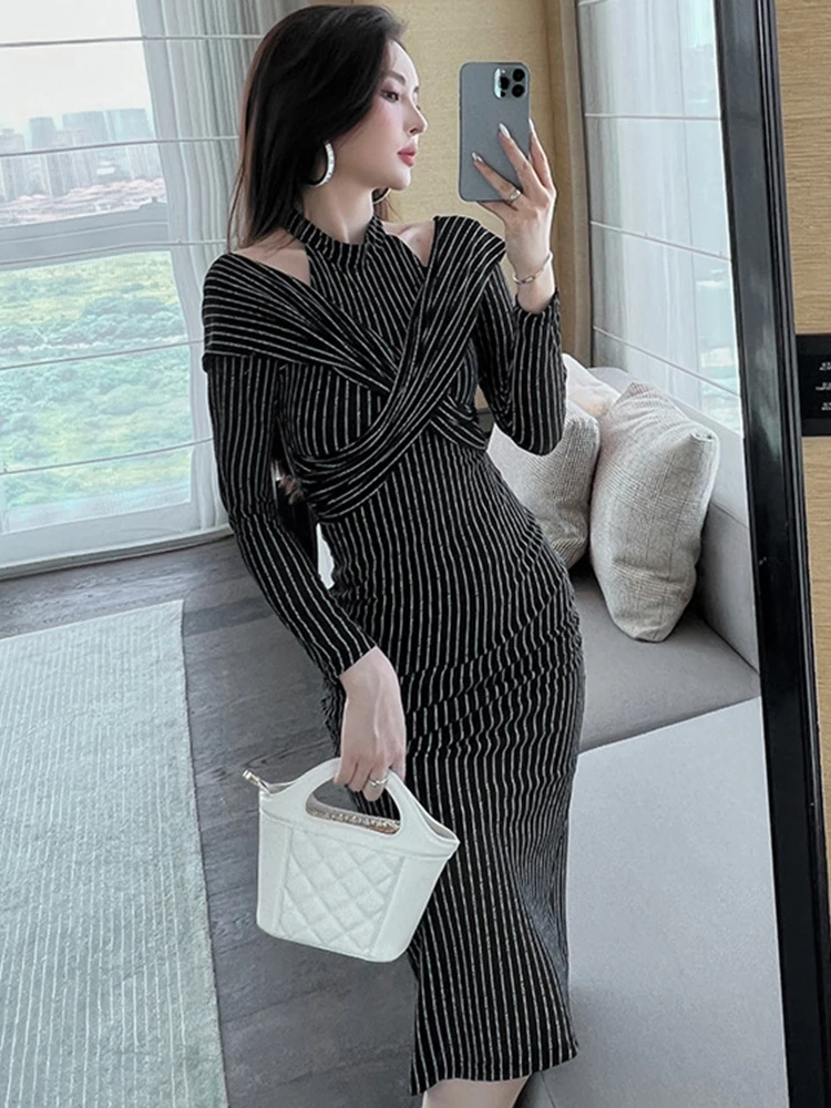 

Spring Autumn Elegant Women Evening Dress Mesh Black Sexy Backless Skinny Midi Dresses Party Stretchy Robe Femme Mujer Vestidos