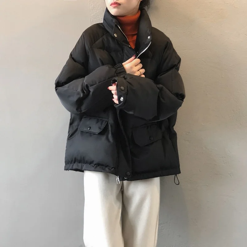 Women Loose Down Cotton Coat 2021 Winter New Stand Collar Thickening Solid Color Bread Jackets Female Long Sleeve Warm Outerwear
