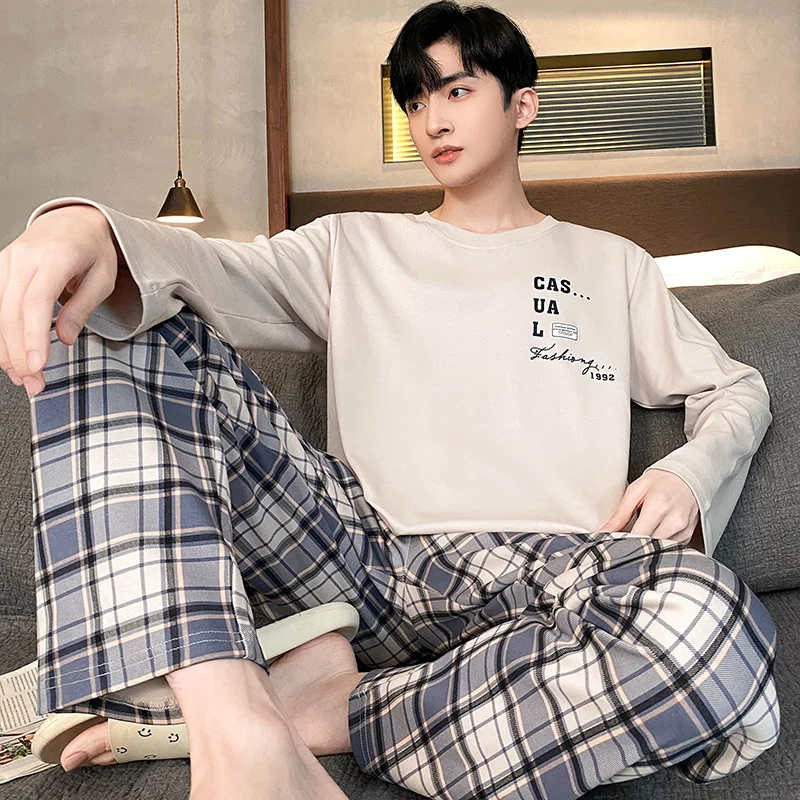 CAIYIER 2023 Spring Autumn L-4XL Men's Pajamas Set O-Neck Long Sleeve Casual Male Sleepwear Plus Size Nightwear Soft Homewear