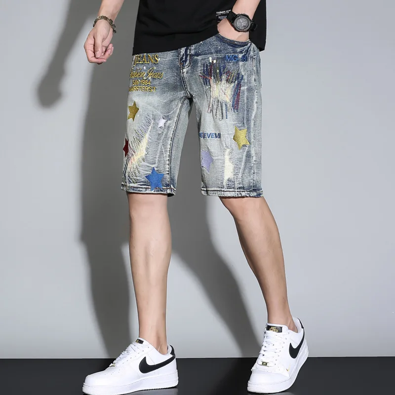 Summer Men Denim Shorts Trendy Micro Stamped Motorcycle Ripped Vintage Embroidered Straight Mid Waist Jeans Chapter Splash Ink 2