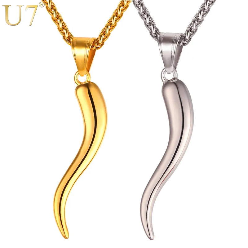 

U7 Stainless Steel Italian Horn Necklace Luck Amulet Gold Color Pendants Braiding Wheat Chain for Men Women Best Jewelry Gift