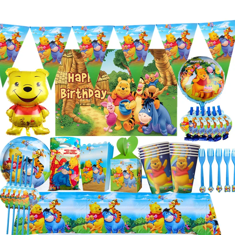 

Disney Winnie the Pooh Cartoon Characters Themed Balloon Background Disposable Tableware For Kids Birthday Supplies Party Decor