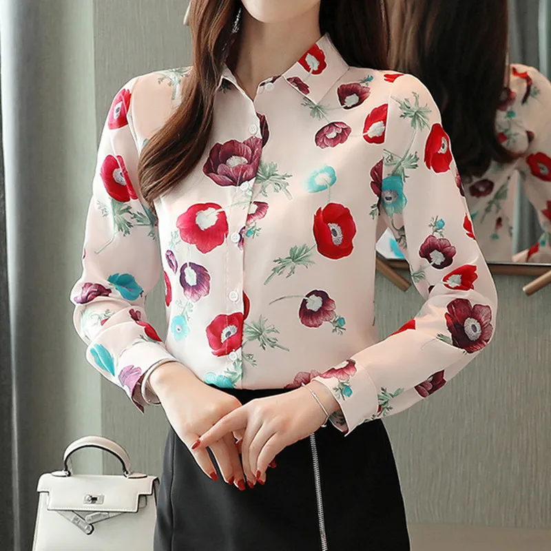 

Женские рубашки с принтом, винтажная рубашка на пуговицах, блузка с длинным рукавом, элегантная женская модная офисная рубашка с цветочным ...