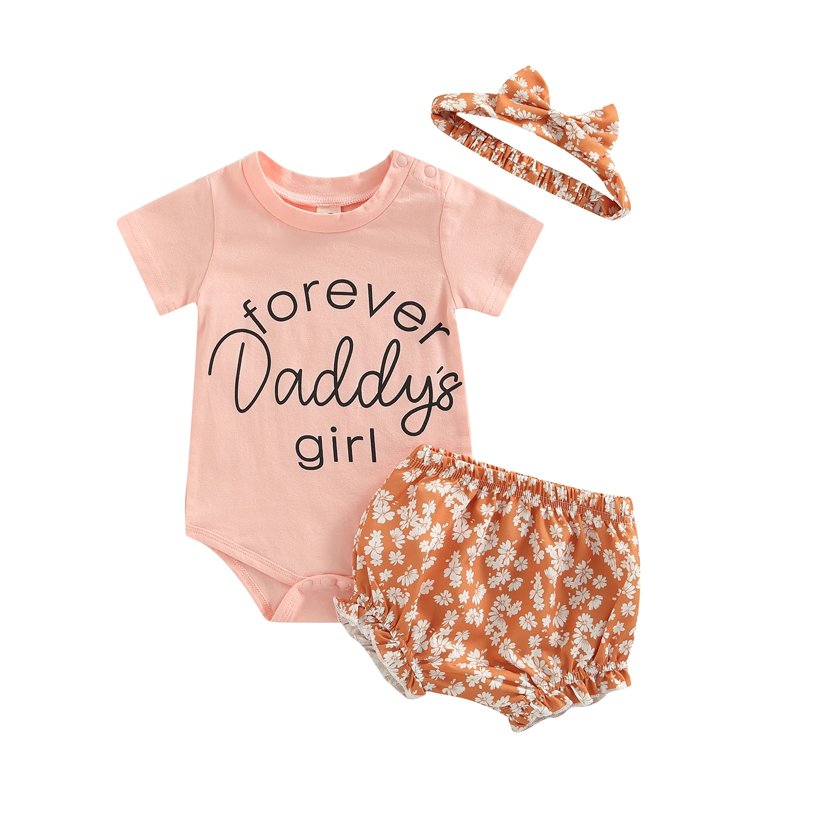 

2022 Kid Girl Outfits Short Sleeve Letter Print Romper Floral Print Ruffled Shorts Hairband baby girl summer clothing set