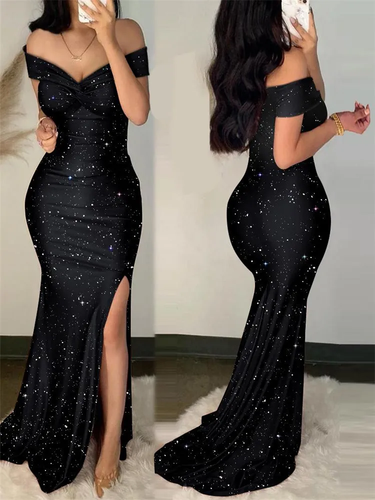 

Женское платье-Русалка с открытыми плечами, повседневное элегантное блестящее платье макси с разрезом, модель Y2k, 2023