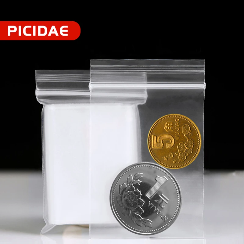 Mini bolsa Ziplock transparente, piezas de embalaje de sello grueso, botón de semilla, baratija, autosellado, a prueba de polvo, Clip de cadena, bolsas reutilizables