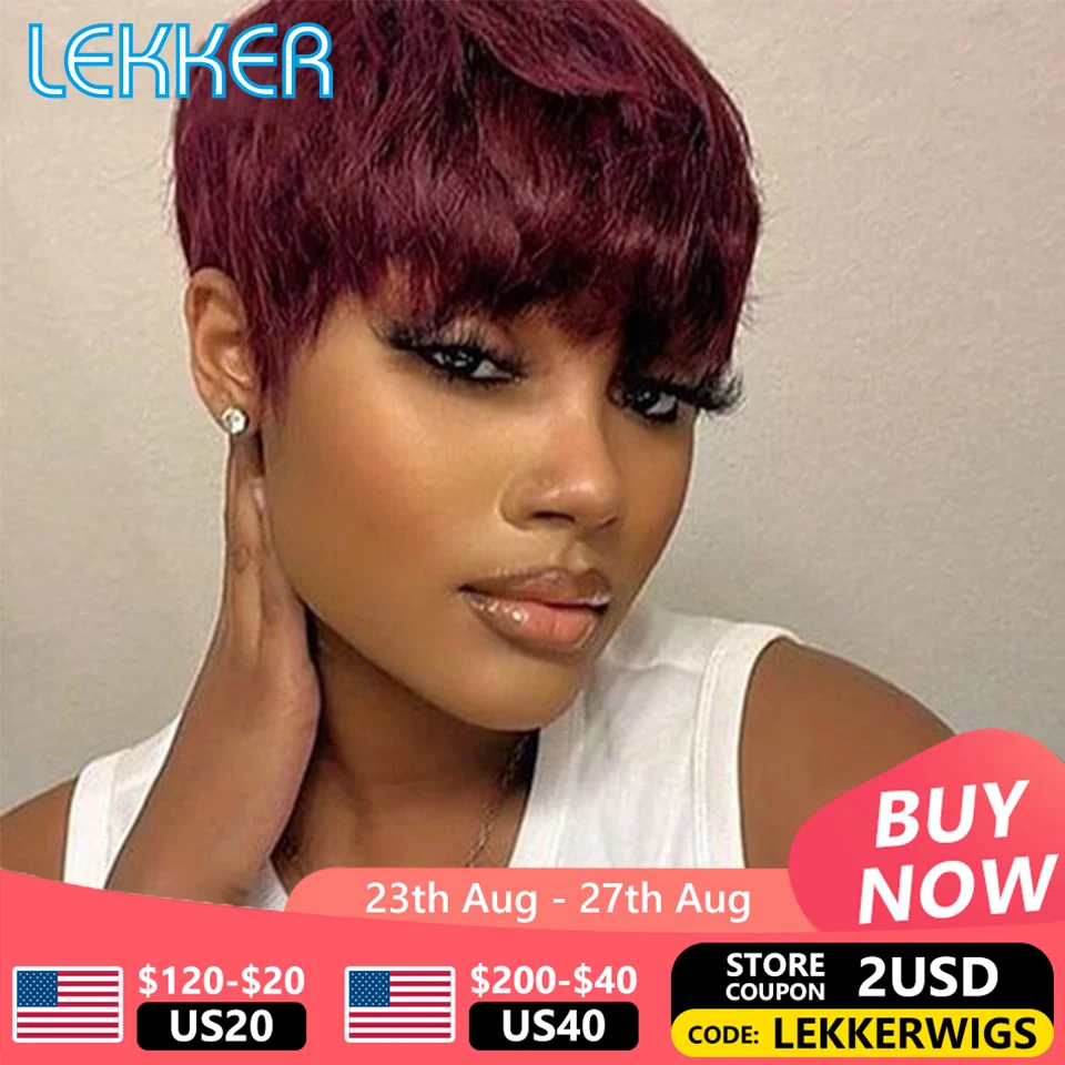 Ed Short Straight Bob Pixie Human Hair Wig With Bangs For Women Brazilian Remy Hair Non Lace Burgundy Red Cheap Wigs