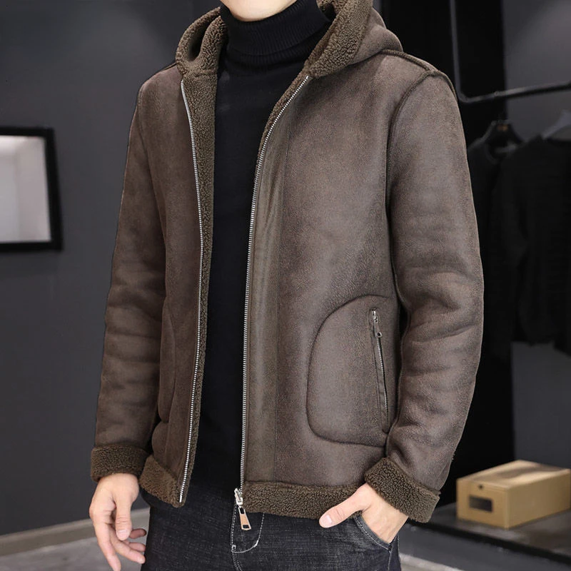 

Faux Fur Coat for Men Turn-down Collar Hooded Jacket Fur Jackets Thick Winter Warm Fluffy Plush Loose Reversible Outerwear Q198