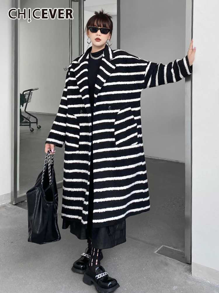 

CHICEVER Hit Color Coats For Women Lapel Long Sleeve Patchwork Double Breasted Casual Loose Temperament Coat Female Autumn 2022