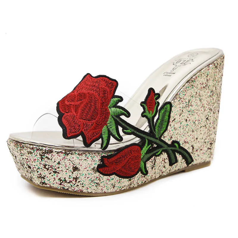 Fashion Outside Women Slippers Summer Party Shoes PU Female Sandals Slides Wedges Thick Platform Embroidery 11cm High Heels Sexy