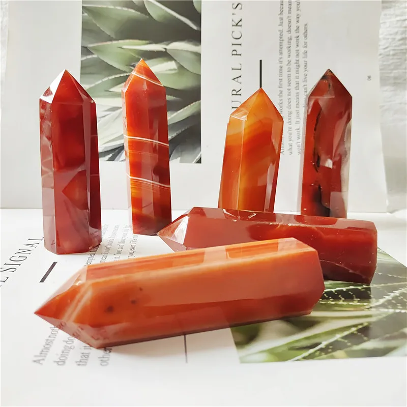 

1pcs Carnelian Point Natural Red Agate Quartz Hexagon Column Wand Tower Crystal Point Chakra Obelisk Home Decor