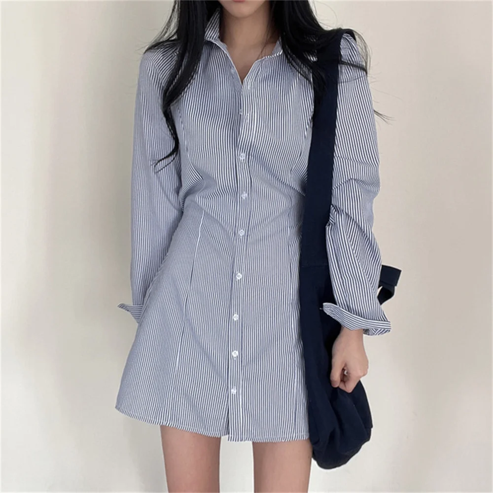 

PLAMTEE Women Shirt Dress Stripes Lapel Summer Full Sleeve Hot Slim 2022 Office Lady Normcore Chic Elegant Casual Work Wear