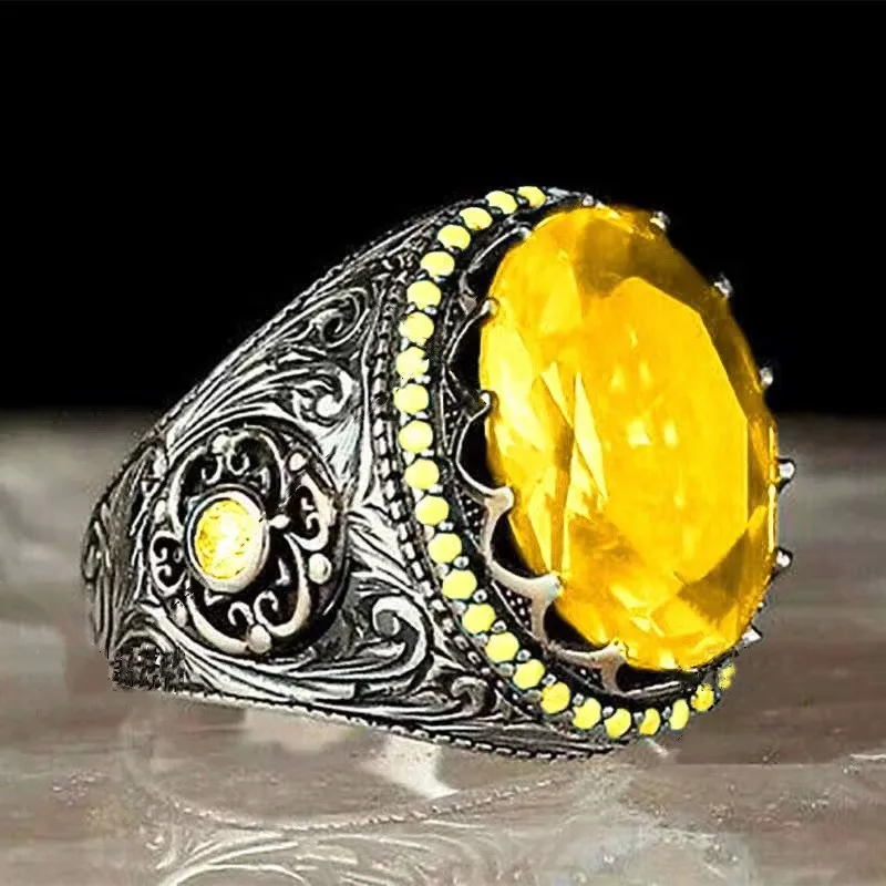 

2022 New Retro Men's Ring Yellow Gemstone Inlaid Turquoise Punk Ring Gothic Antique Silver Fashion Temperament Wedding Jewelry