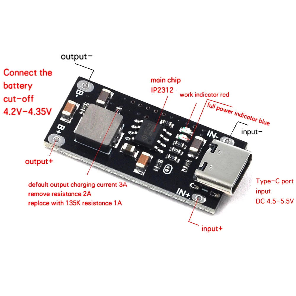 Фото USB Type-C Высоковольтный вход 3A Полимерная тройная литиевая батарея Плата быстрой зарядки IP2312 Режим CC/CV от 5 В до 4,2 В №3