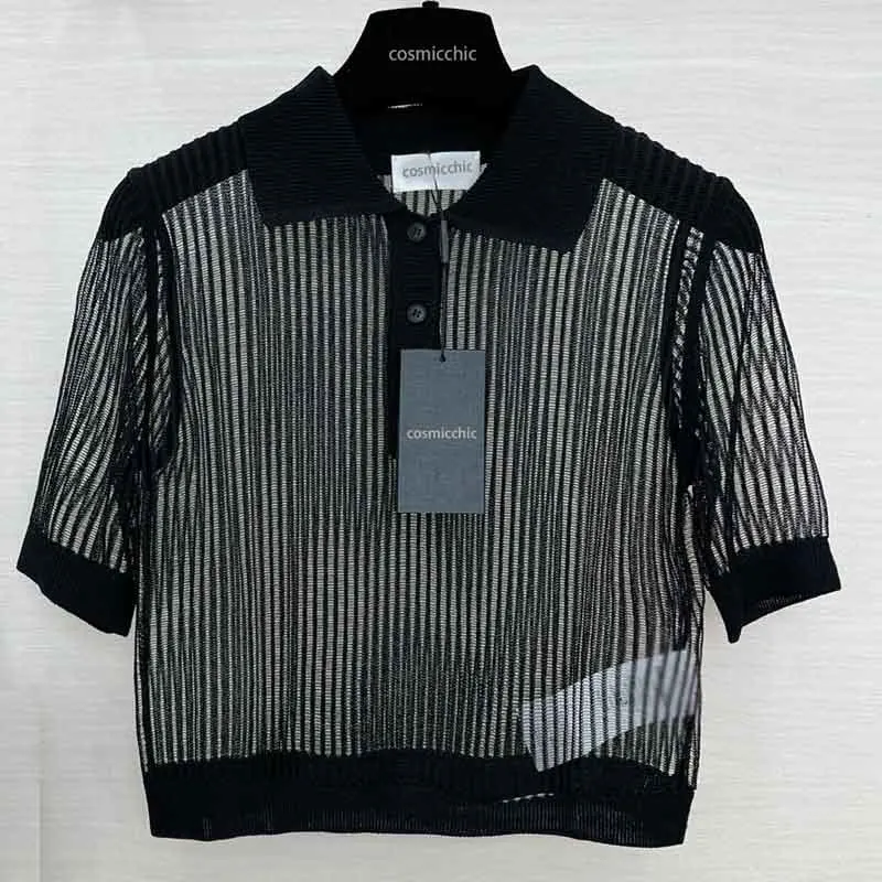 

22 Summer Knitted Pit Spike Lape See Through Navel Polo Shirts Women Fashion Runway Sexy Black Short Sleeve T-shirt Slim Tee Top