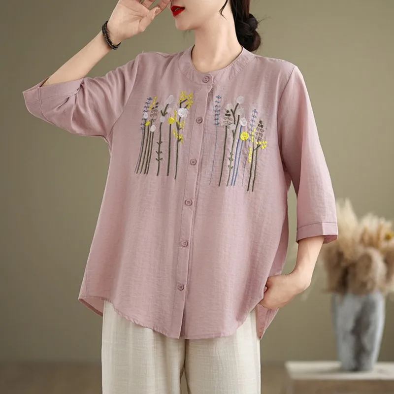 Женская Повседневная рубашка с цветочной вышивкой винтажная Свободная в