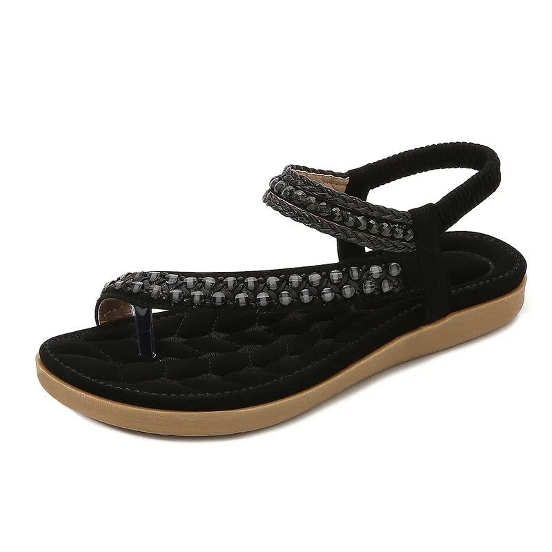 

Qianshuyi Elegant Black Rhinestone Bohemian Thong Sandals 3CM Wedge 2024 Summer Slip-On for Beach Free Shipping