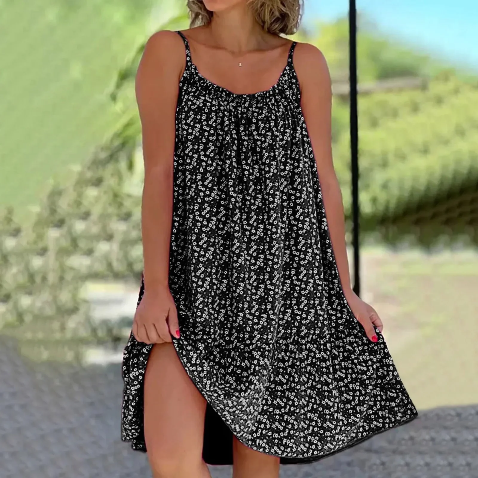 

Summer Dress Women Floral O Neck Ruffle Hem Spaghetti Strap Sleeveless Short Beach Dress Women's Summer Dress