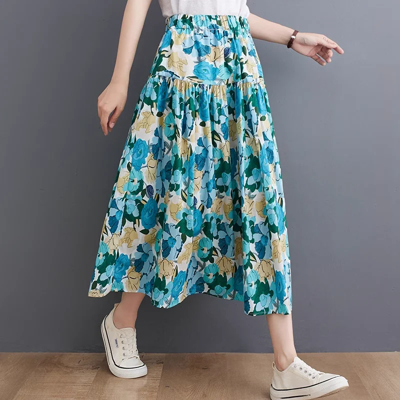 

New Japanese Mori Girl Women Midi Skirt High Waist Blue Floral Jupe Femme Long Elegant Vintage Oil Painting Skirts Womens
