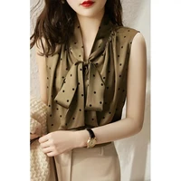 french polka dot shirt womens summer korean new silk polka dot high end loose sleeveless top sexy blouse bow casual