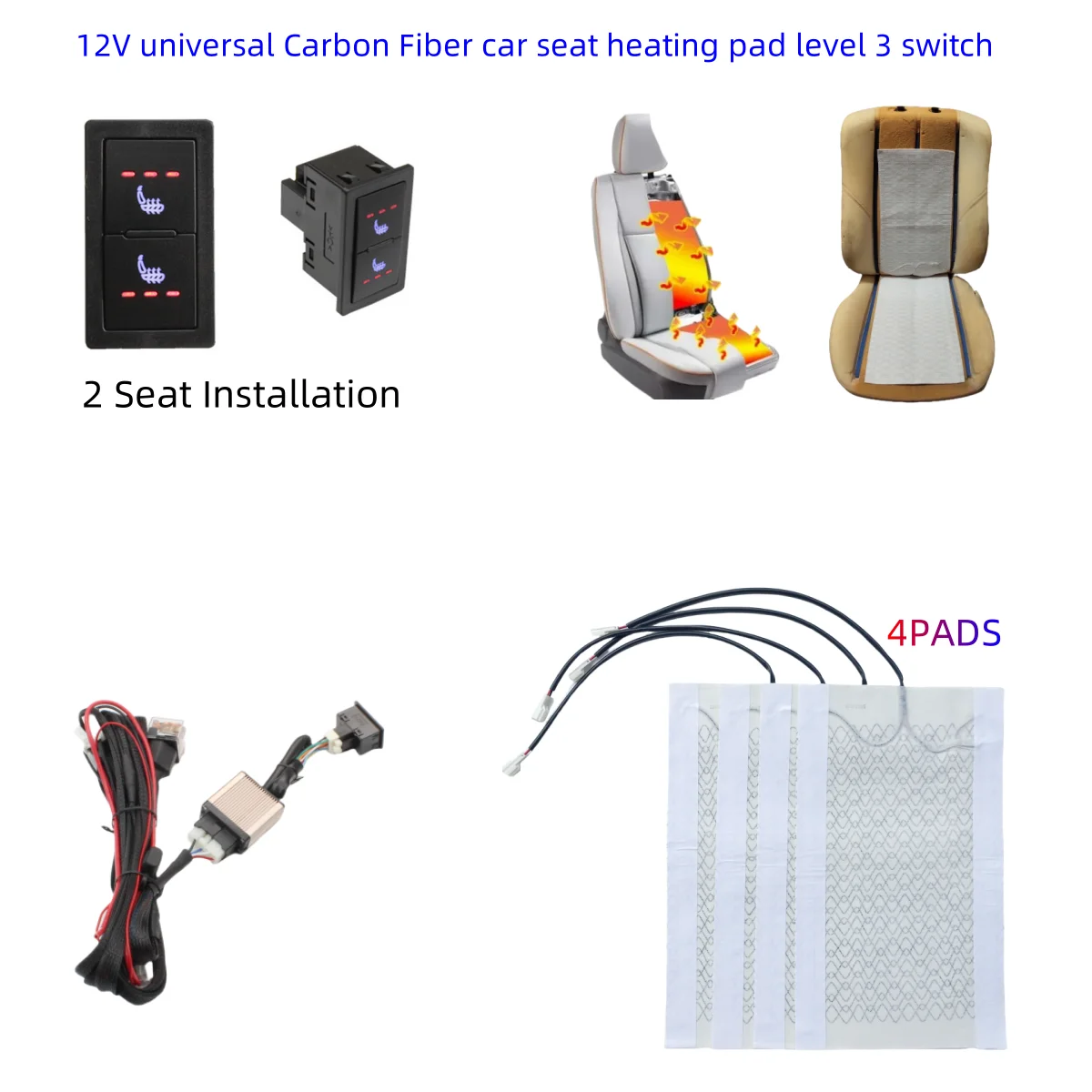 

Универсальный комплект обогрева автомобильных сидений, подходит для 2-местных грелок из углеродного волокна, 3-уровневая квадратная система двойного переключателя управления с Harnesse