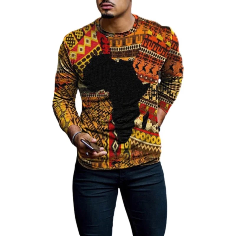 

dashiki t-shirt men's summer and autumn round neck Africa map long-sleeved African ethnic style casual men's T-shirt S-4XL