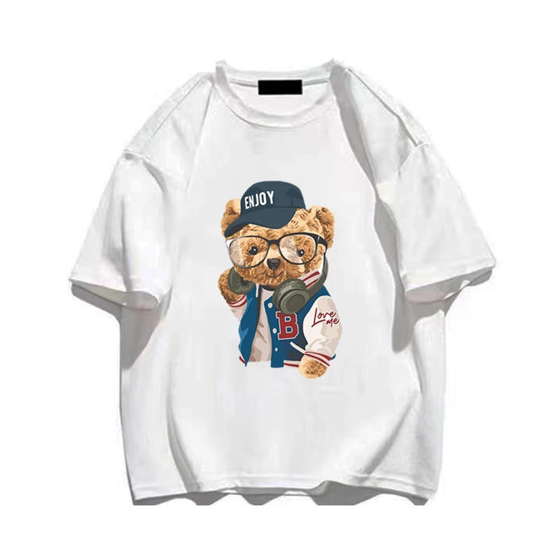 

2023 High Quality Cotton T-shirt Trendy Bear Print White Tee Summer Street Fashion Casual Loose Unisex Short Sleeve T-shirt